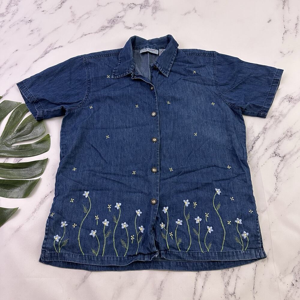 Jane Ashley Womens Vintage 90s Denim Shirt Size M Blue Daisy Floral Embroidered